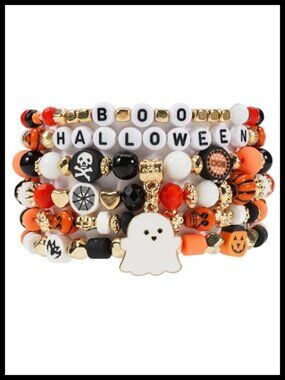 Heishi Beaded Stretch Bracelet Set Stackable Halloween Charm 6 Count